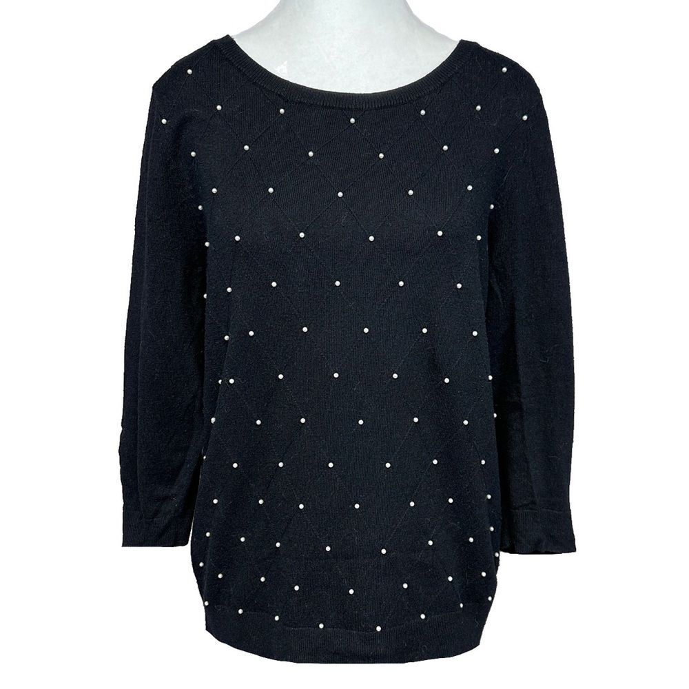 ELLE Black w Faux White Pearl Beads 3/4 Sleeve Sweater Size Large Career Holiday